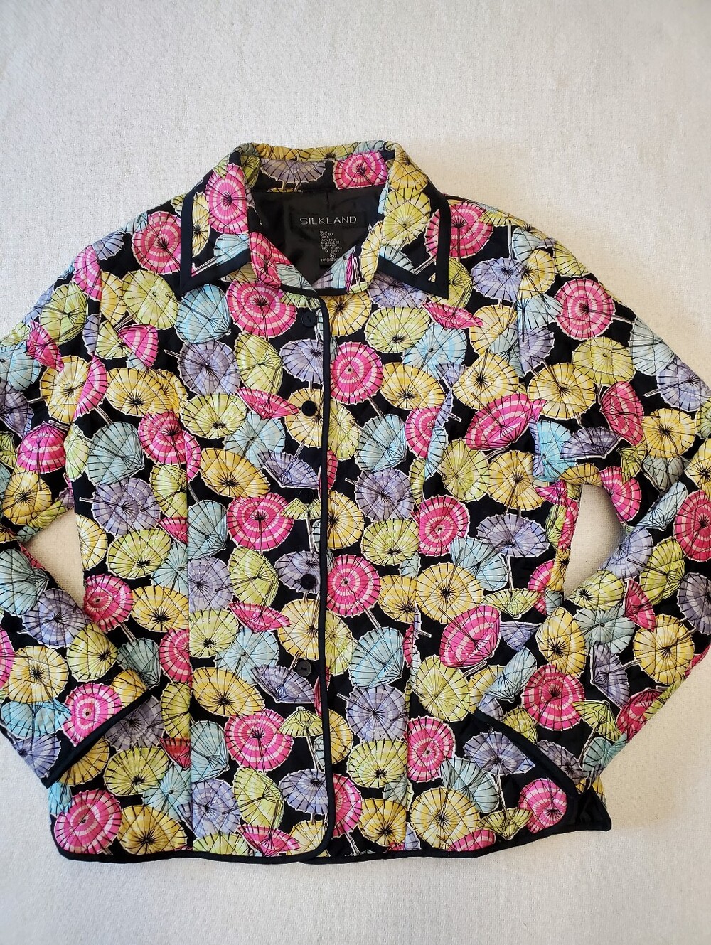 Silkland 100% Silk Quilted Jacket Size M Umbrella Parasol Print Beaded Vintage